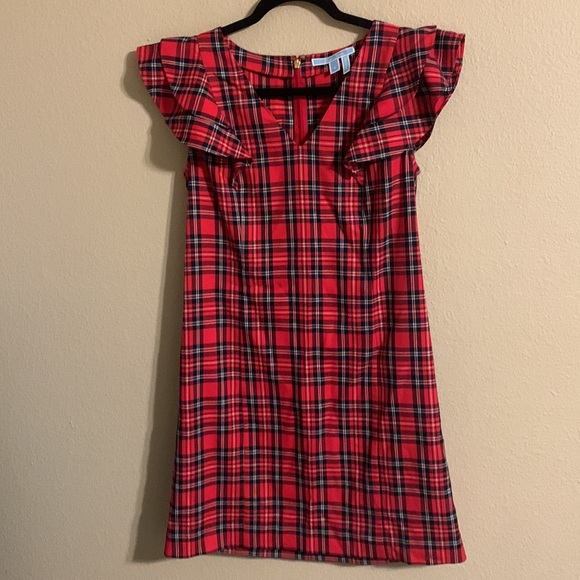Draper James red plaid ruffle shoulder shift dress 4 - Picture 3 of 5